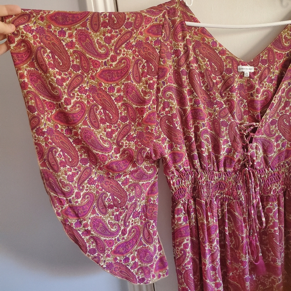Karma Highway Paisley Maxi Dress w/ Large Flutter Sleeve OS Boho Festival 70s - Picture 5 of 16